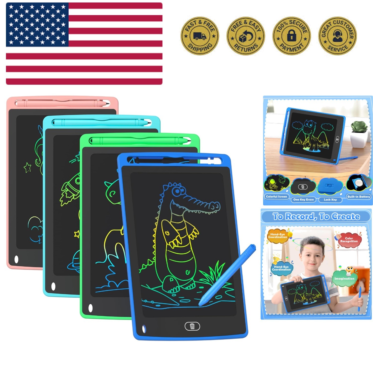 4 Pack LCD Writing Tablet for Kids, 8.5 Inch Colorful Doodle Board Drawing Ta...