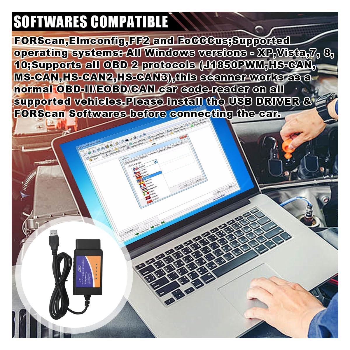 ELM327 OBD2 Scanner Diagnostic Tool USB Adapter Car OBDII Scan Tool Code Reader