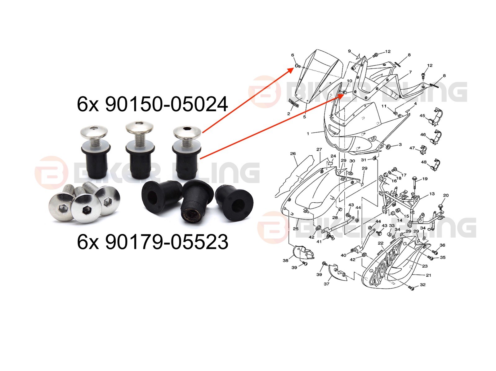 Yamaha TDM 850 1996-2001 S/S wind screen bolts with rubber well nuts 90150-05024