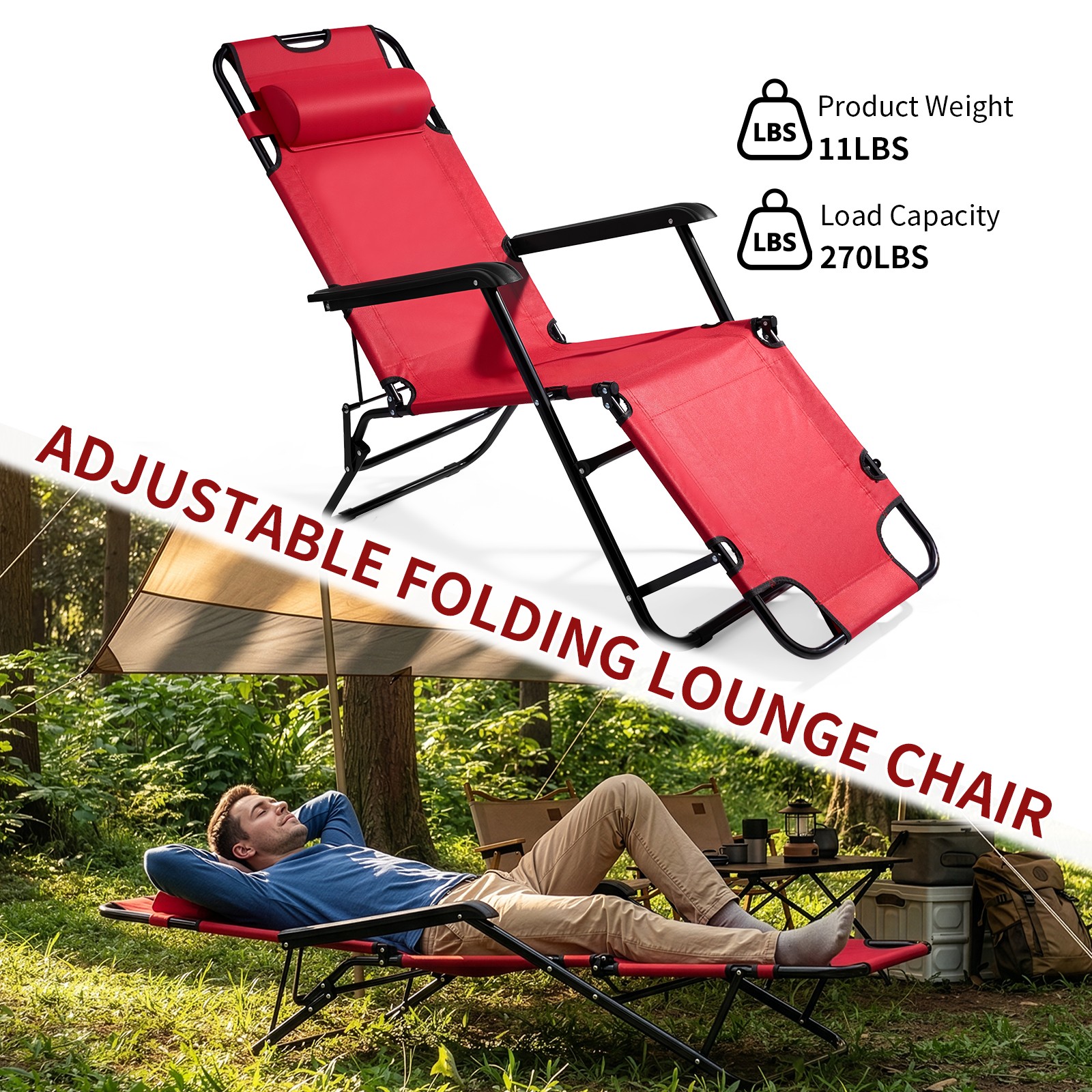 Portable Dual Purposes Extendable Folding Reclining Chair Red
