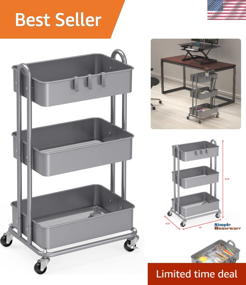Sleek Silver 3-Tier Metal Utility Cart with Curved Handles - Versatile & Durable