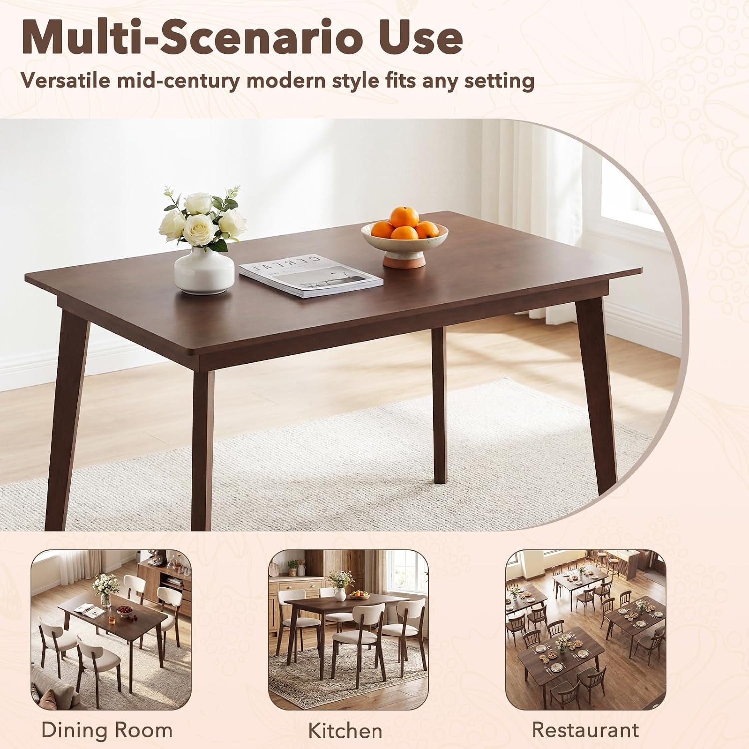 Dining Table for 4, 48" Rectangular Wooden Kitchen Table with Solid Rubber Wood