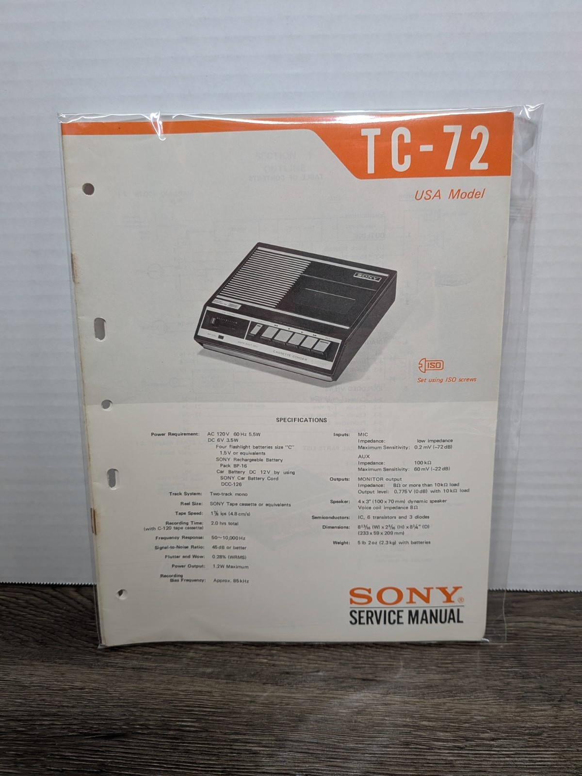 Sony TC-72 Cassette-Corder  Recorder Portable Service Manual Original Paperwork