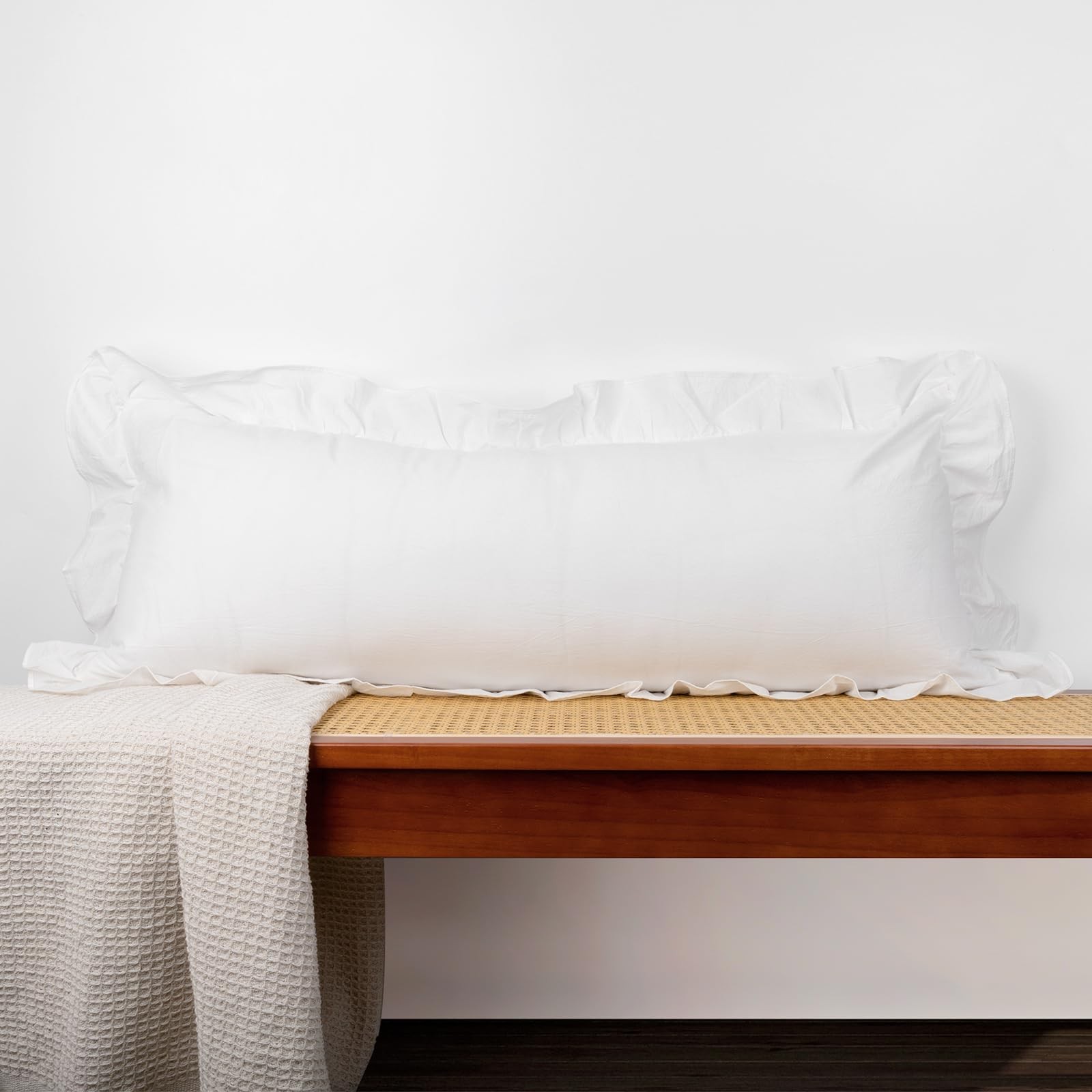 14x36 inch Scalloped Lumbar Pillow Cover, White Ruffle Throw Pillow Cover Sol...