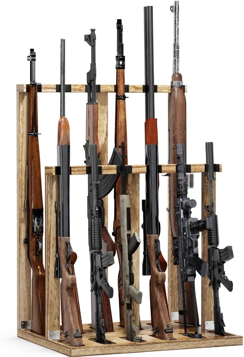 Indoor Gun Racks Wooden Heavy Duty Shotgun Display Rack 12 Rifle Stand Organizer