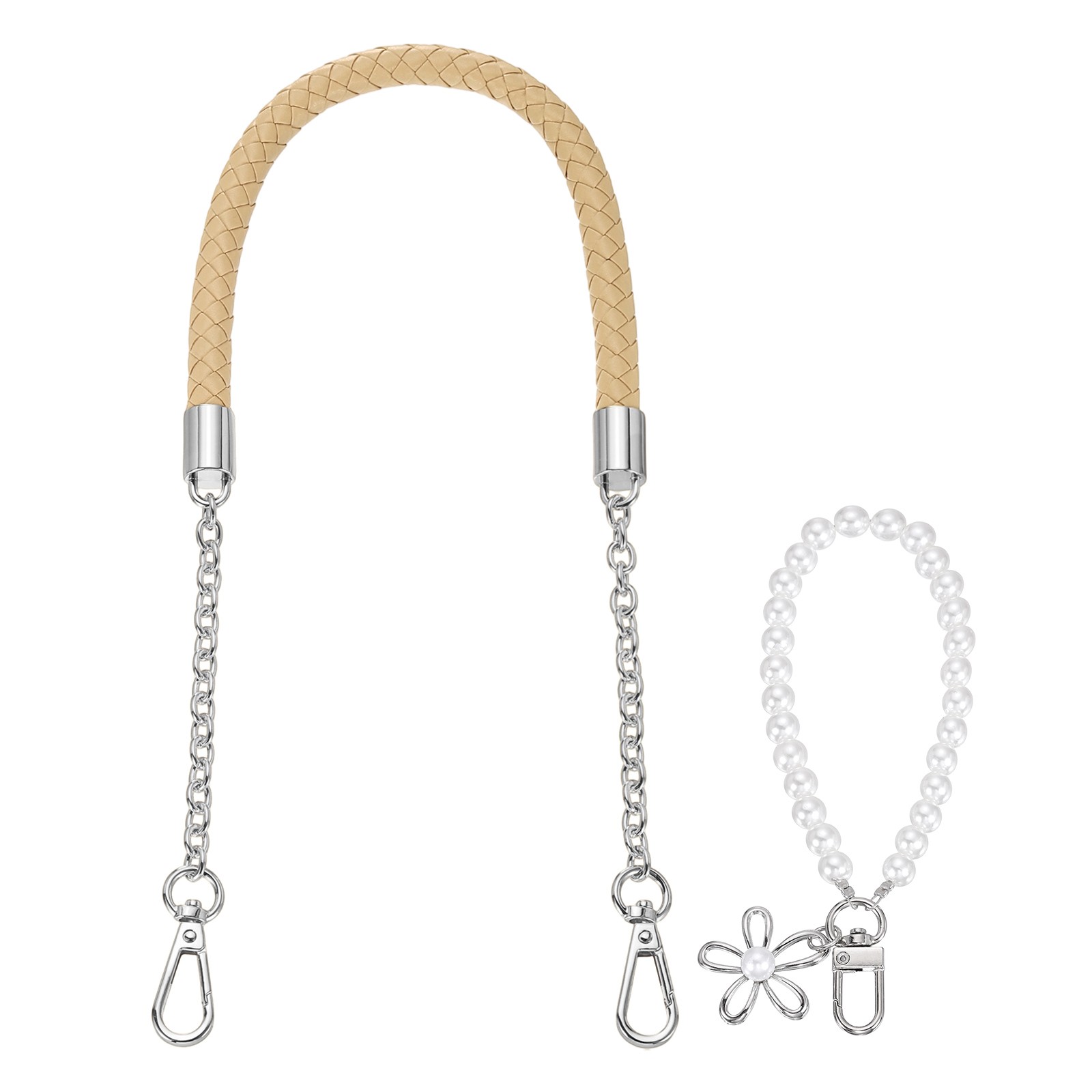 62cm/24.4" PU Leather Braided Purse Straps (Beige Apricot, Silver Buckle)