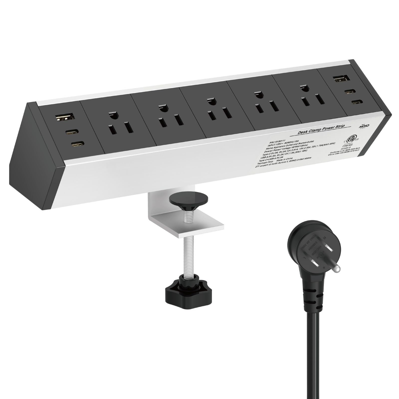 Desk Clamp Power Strip 5 Outlet 2 USB A 4 USB C 35W Total Output - Desk Outlet
