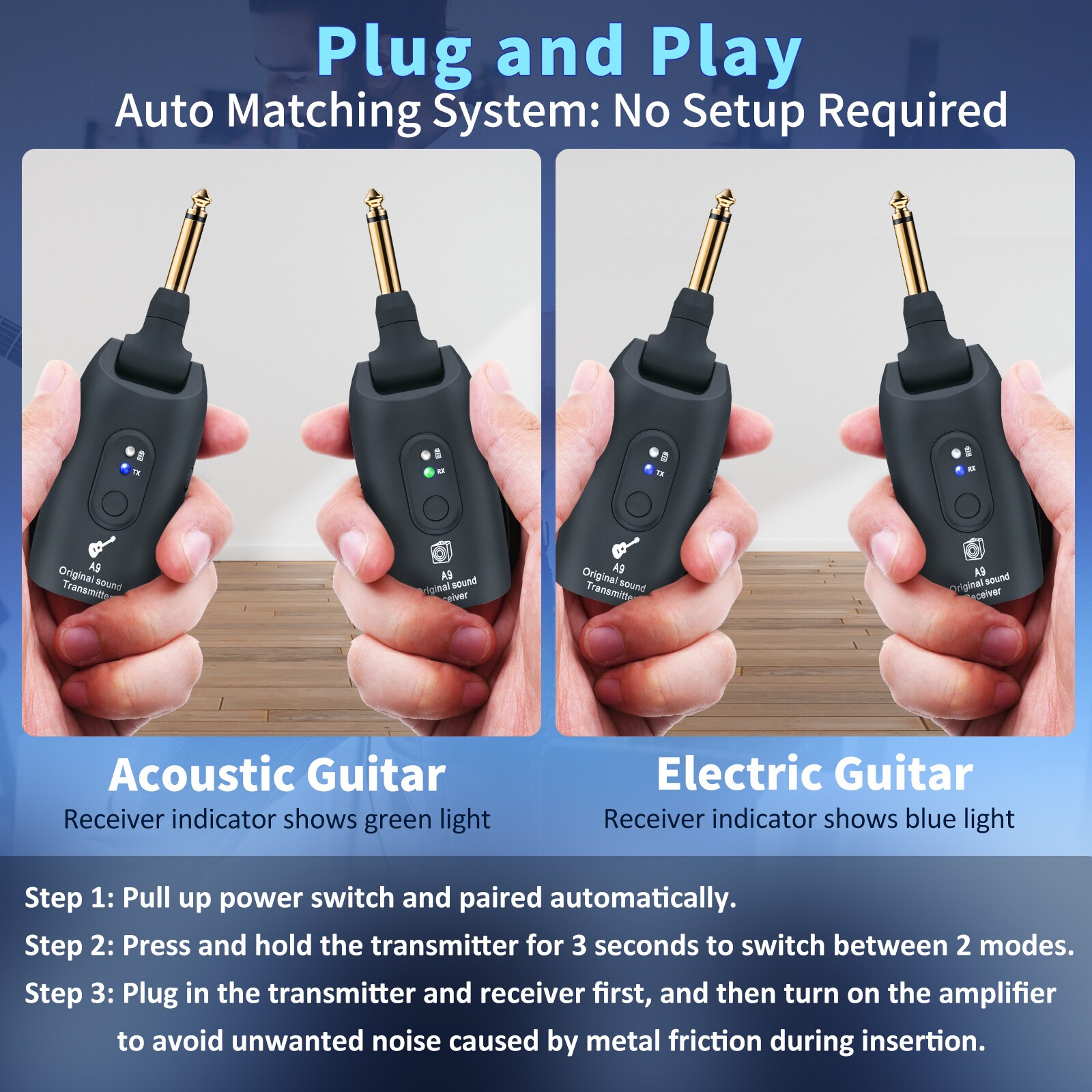 2.4GHz Wireless Guitar System Guitar Transmitter Receiver 100ft Rechargeable