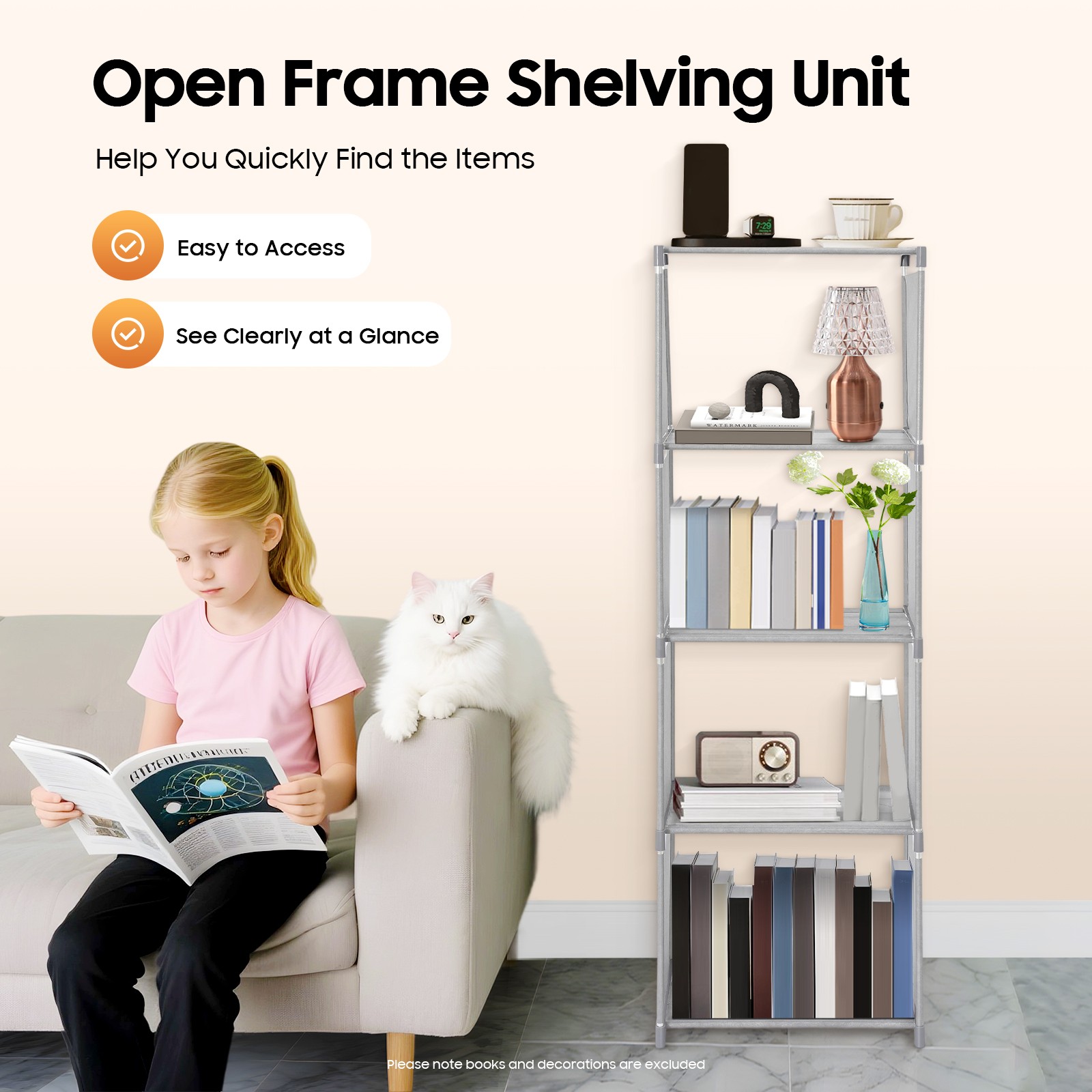 4-Tier Bookcase Bookshelf Book Storage Shelves Stand Display Waterproof Grey