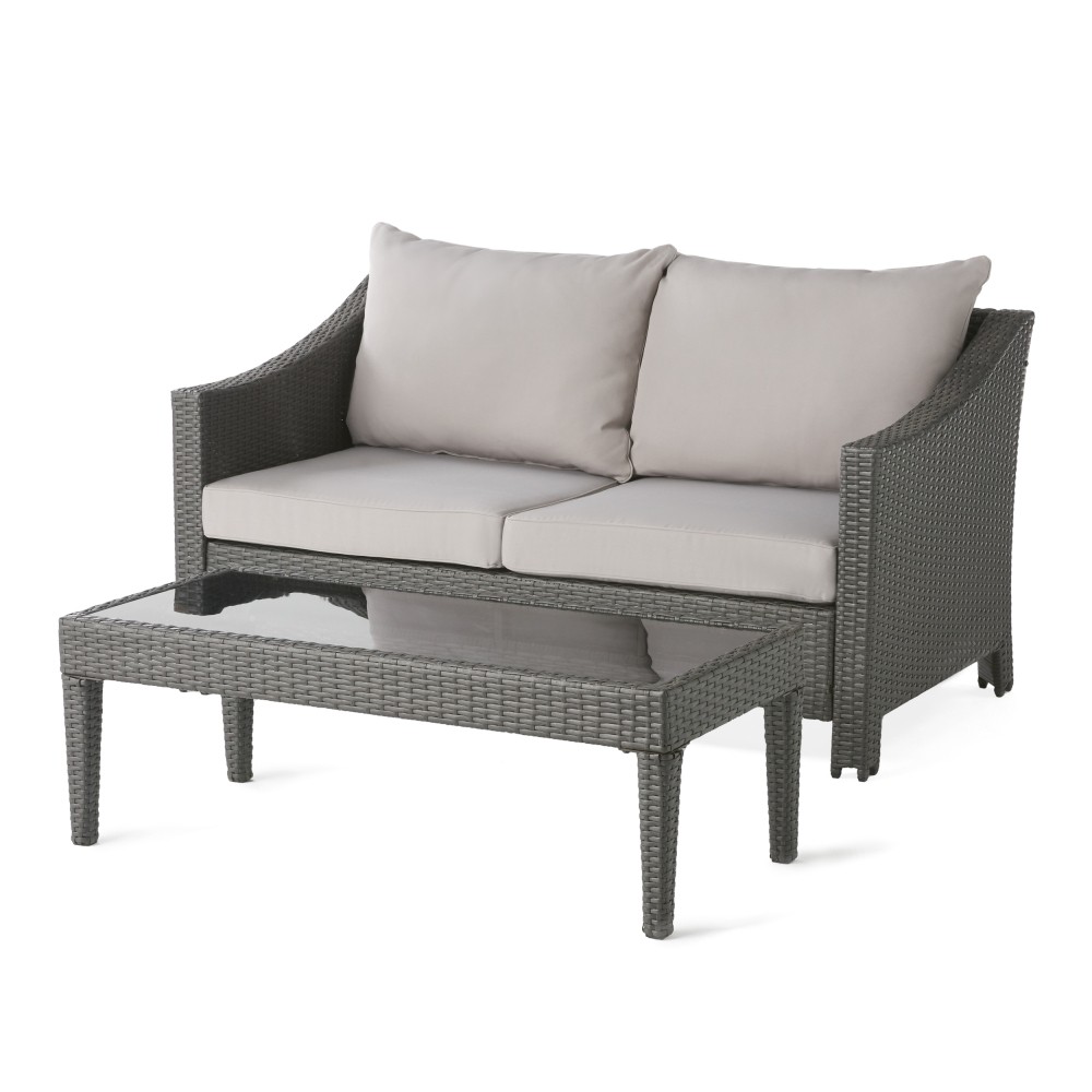 Outdoor Patio Loveseat with Glass Table & Removable Waterproof Cushions, Grey