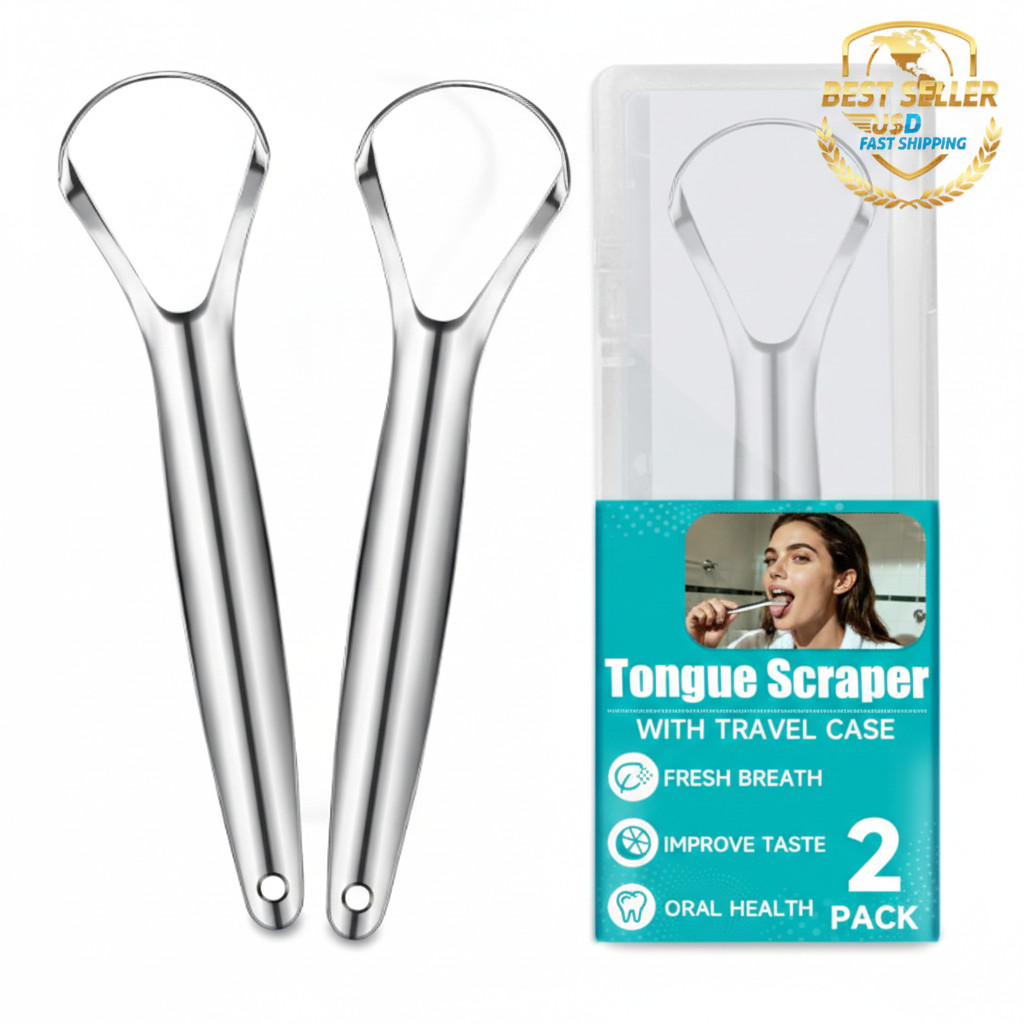 2 Pack Stainless Steel Tongue Scraper Cleaner for Adults Bad Breath Travel Case