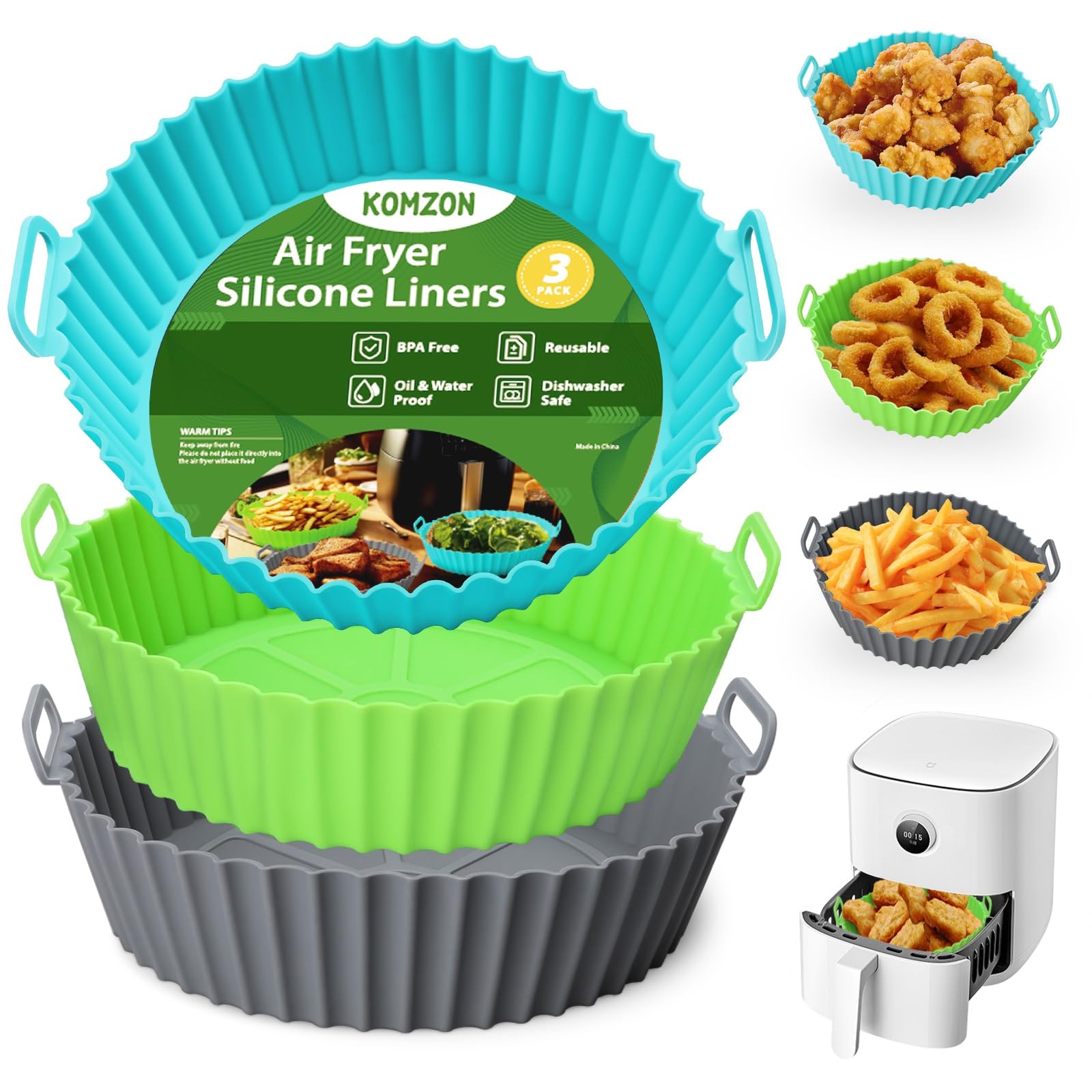 Komzon 3 Pack Air Fryer Silicone Liners, 8Inch Medium, 3PCS: blue+green+grey