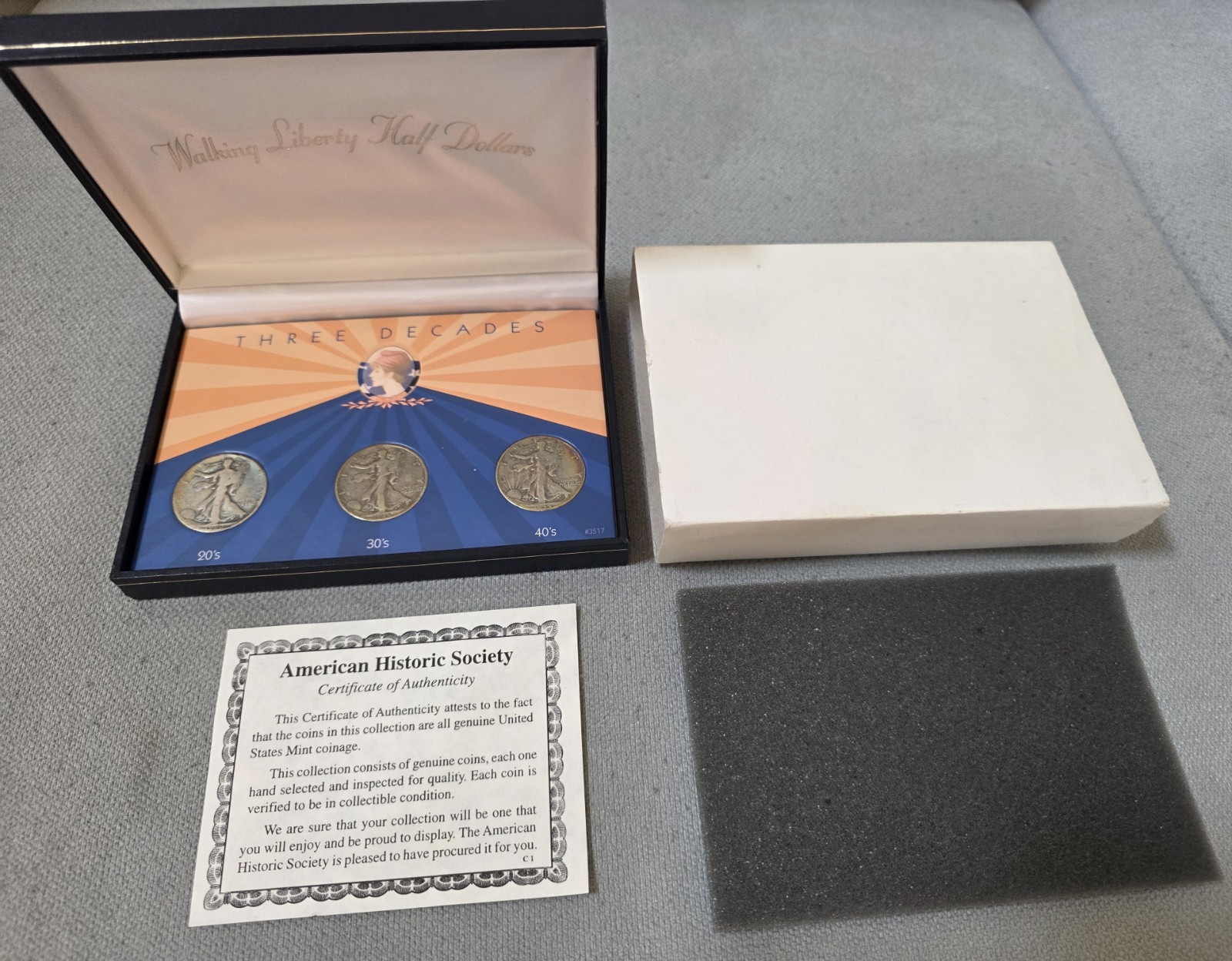 American Historic Society Walking Liberty Half Dollar 3-Coin Set 20s-40s CoA Set