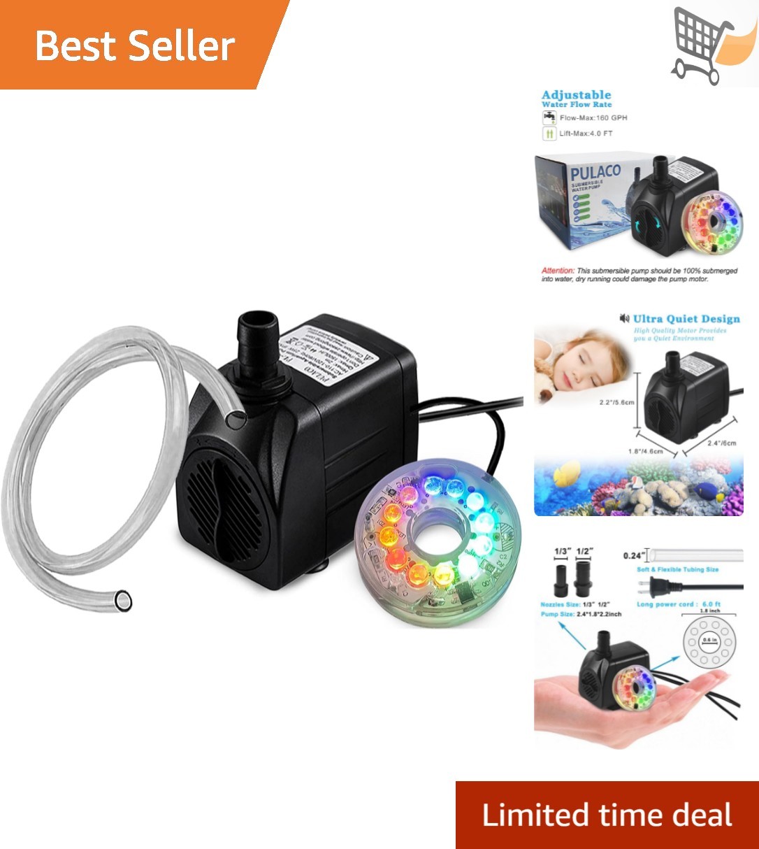 10W Water Fountain Pump LED Lights Submersible Water Pump for Ponds Tanks