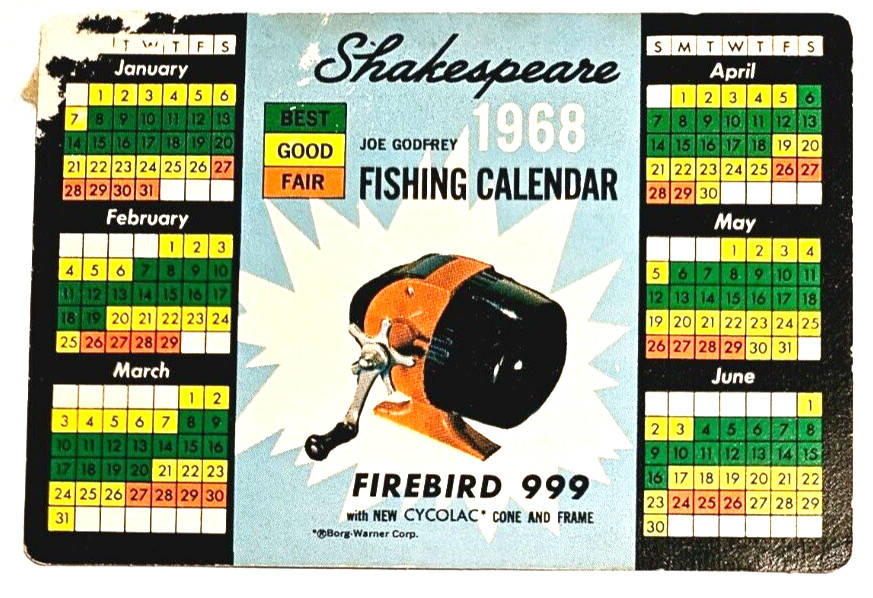 Shakespear 1968 Fishing Calendar Pocket Card Firebird Joe Foss Kit