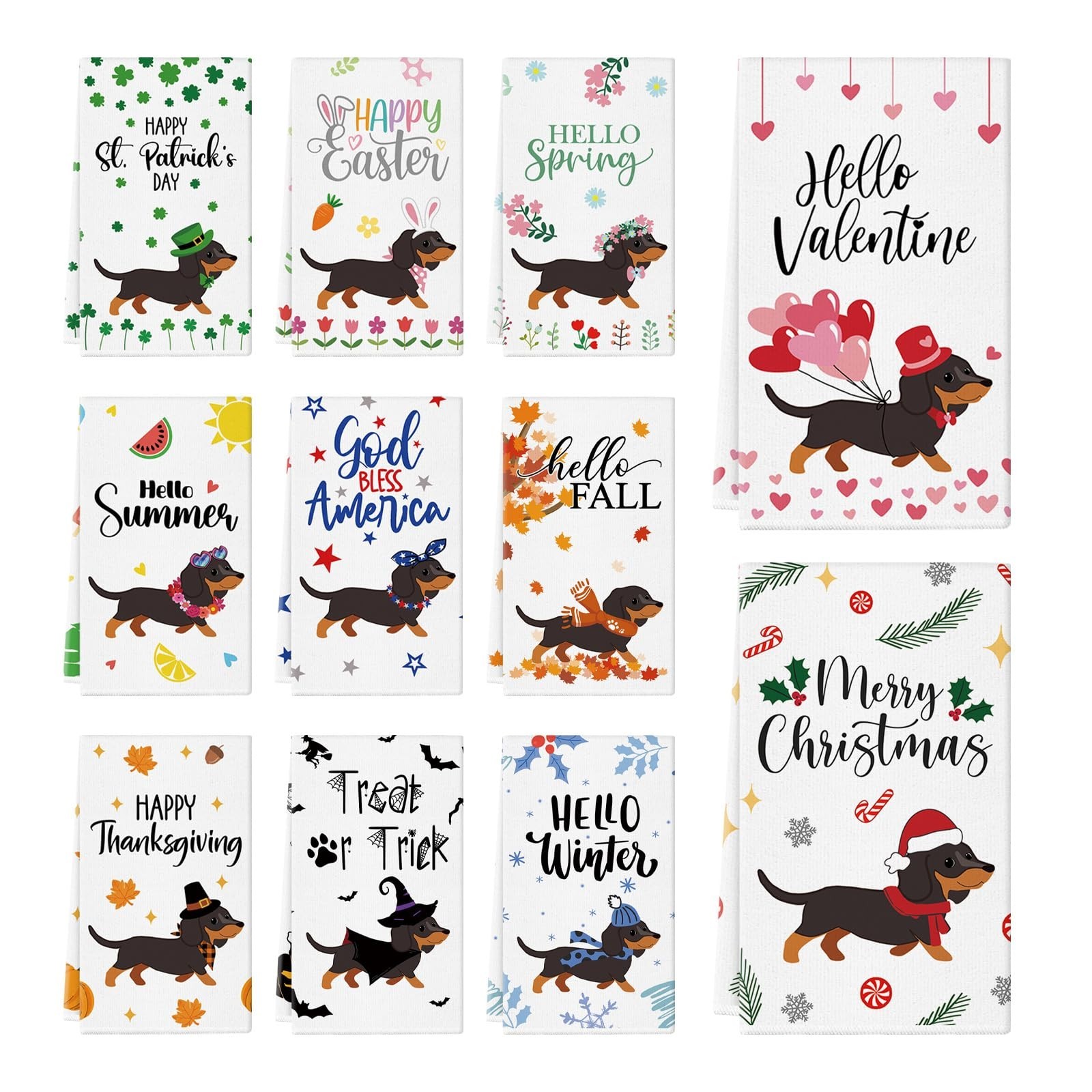 11 Pcs Dachshund Kitchen Towels 14x21 Inch Puppy Dog Dish Towels Seasonal Chr...