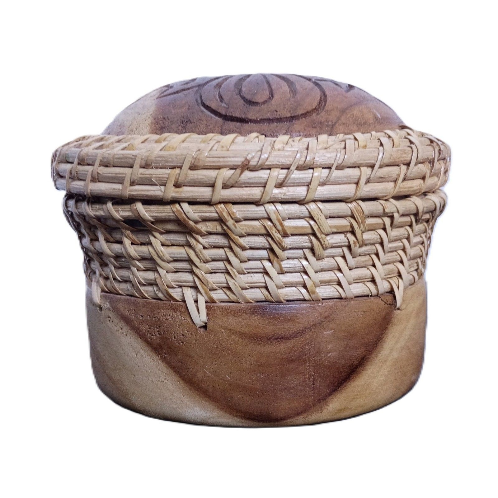 Vintage Indonesian Natural Carved Wood and Rattan Basket Tissue Dispenser