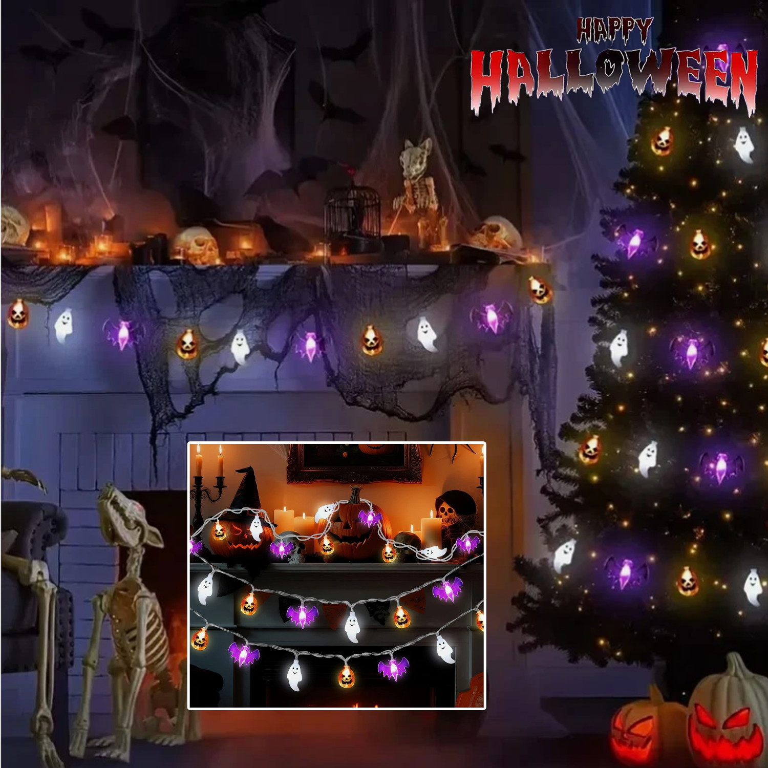 Halloween's String Lights Battery Operated 20 Feet Pumpkin Bat Ghost Decoration
