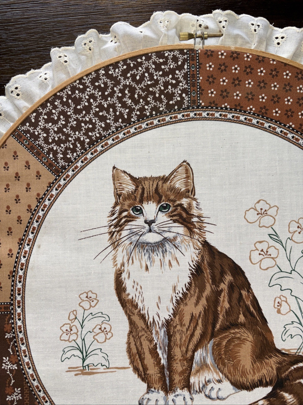 Vintage Large Embroidery Hoop Cranston Cat Print With Lace Trim. . 14.5 inches.
