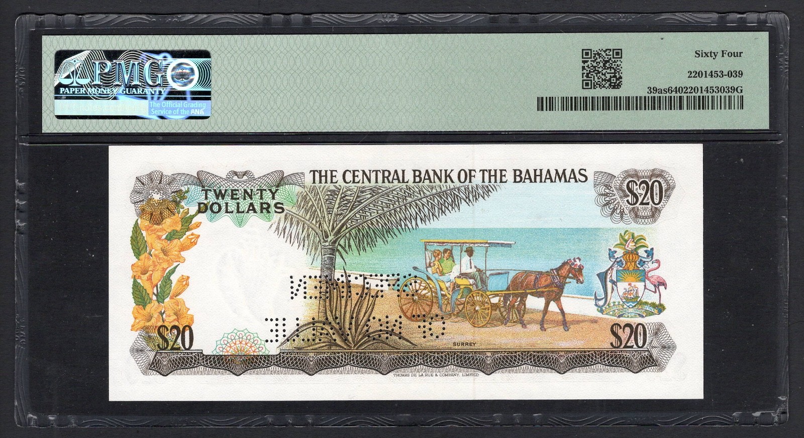 Bahamas 20 Dollars 1974 P39as "Specimen" Uncirculated Grade 64