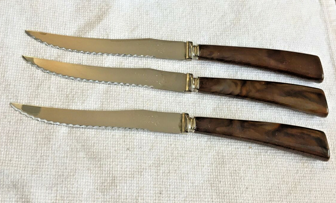 3 Sheffield “Ripple Edge” Steak Knives Molded Brown Handle 4.5" Stainless Blade