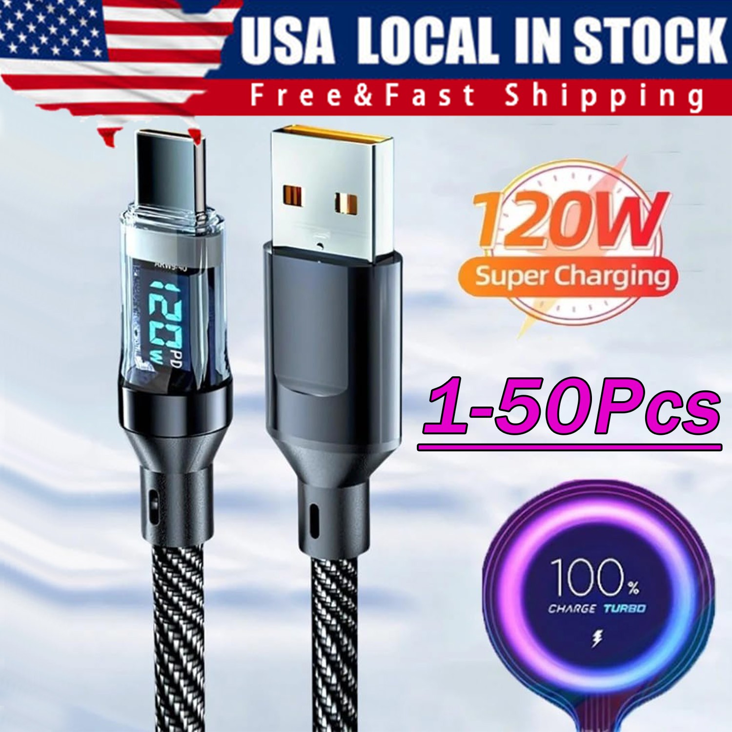 120w Super Fast USB Type-C Charging Braid Phone Charger Lead with Display Lot