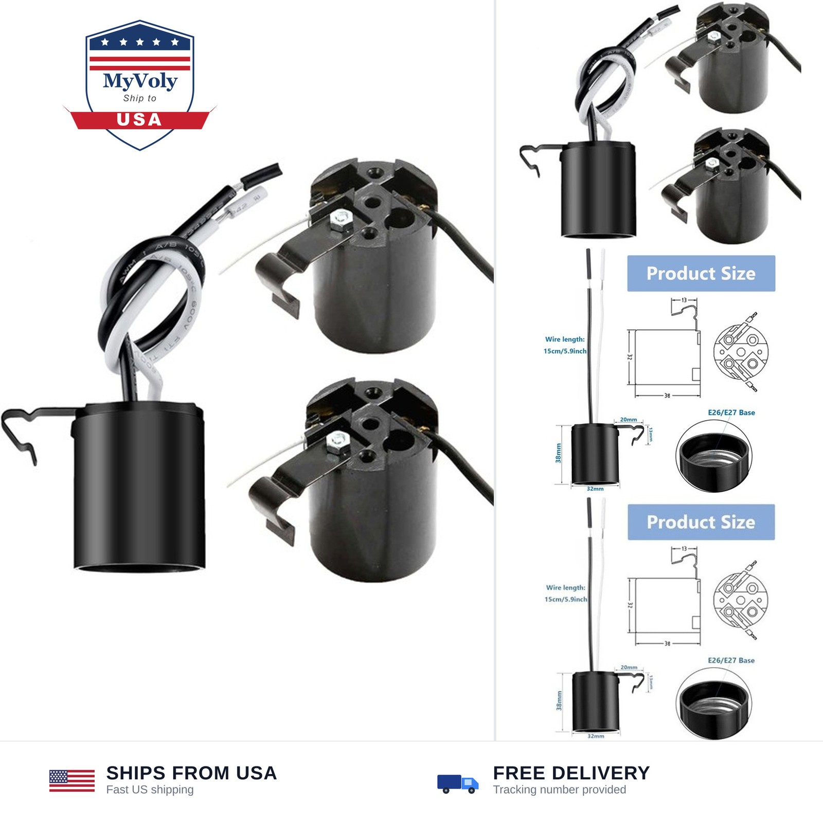 Phenolic Medium Base E26 Fixture Socket, Keyless US Standard Lamp Holder for ...