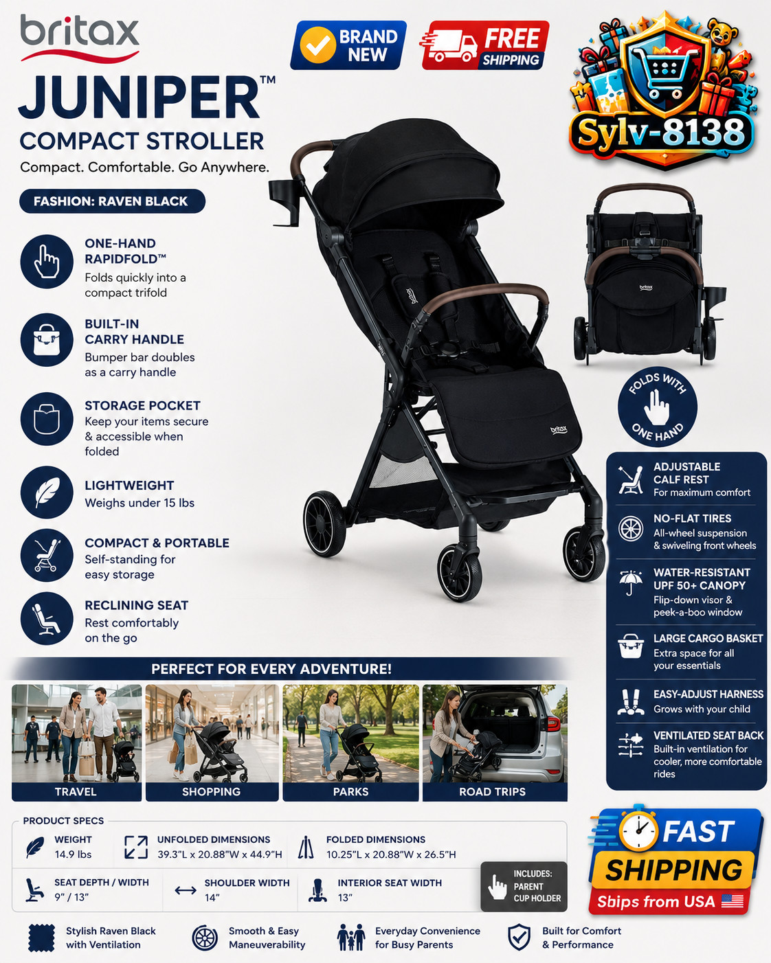 New Britax Juniper Compact Stroller Raven Black Lightweight Travel Stroller