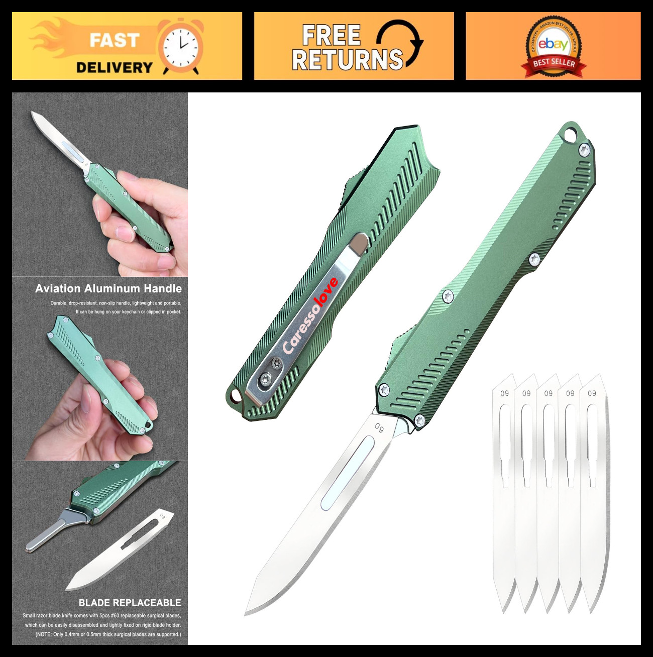 Self-Retracting Utility Knife, EDC Folding Scalpel, 5PCS Auto Retractable Blades