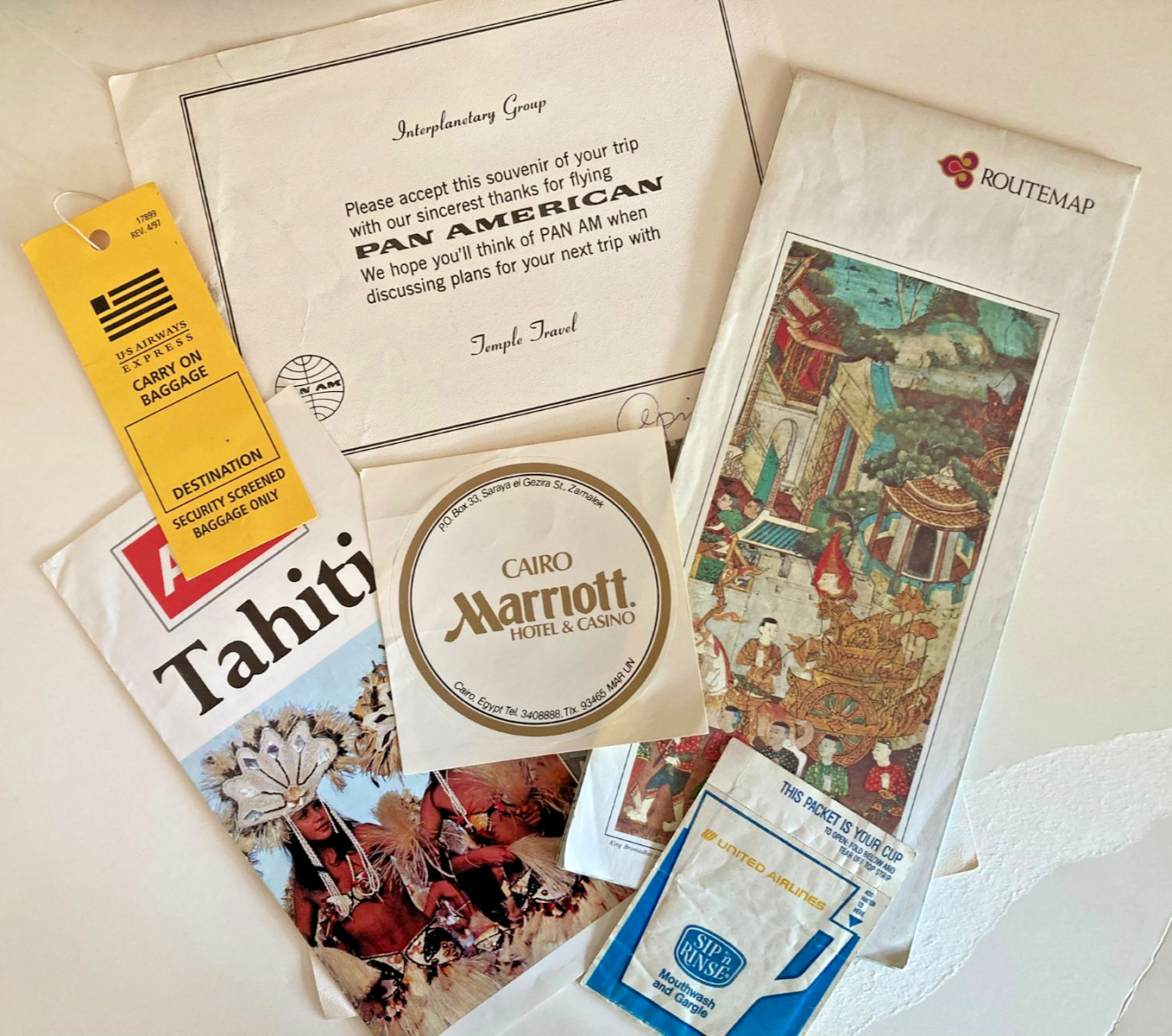 Travel Ephemera Thai Air Route map, AVIS Tahiti, United cup,  Luggage Tags, more