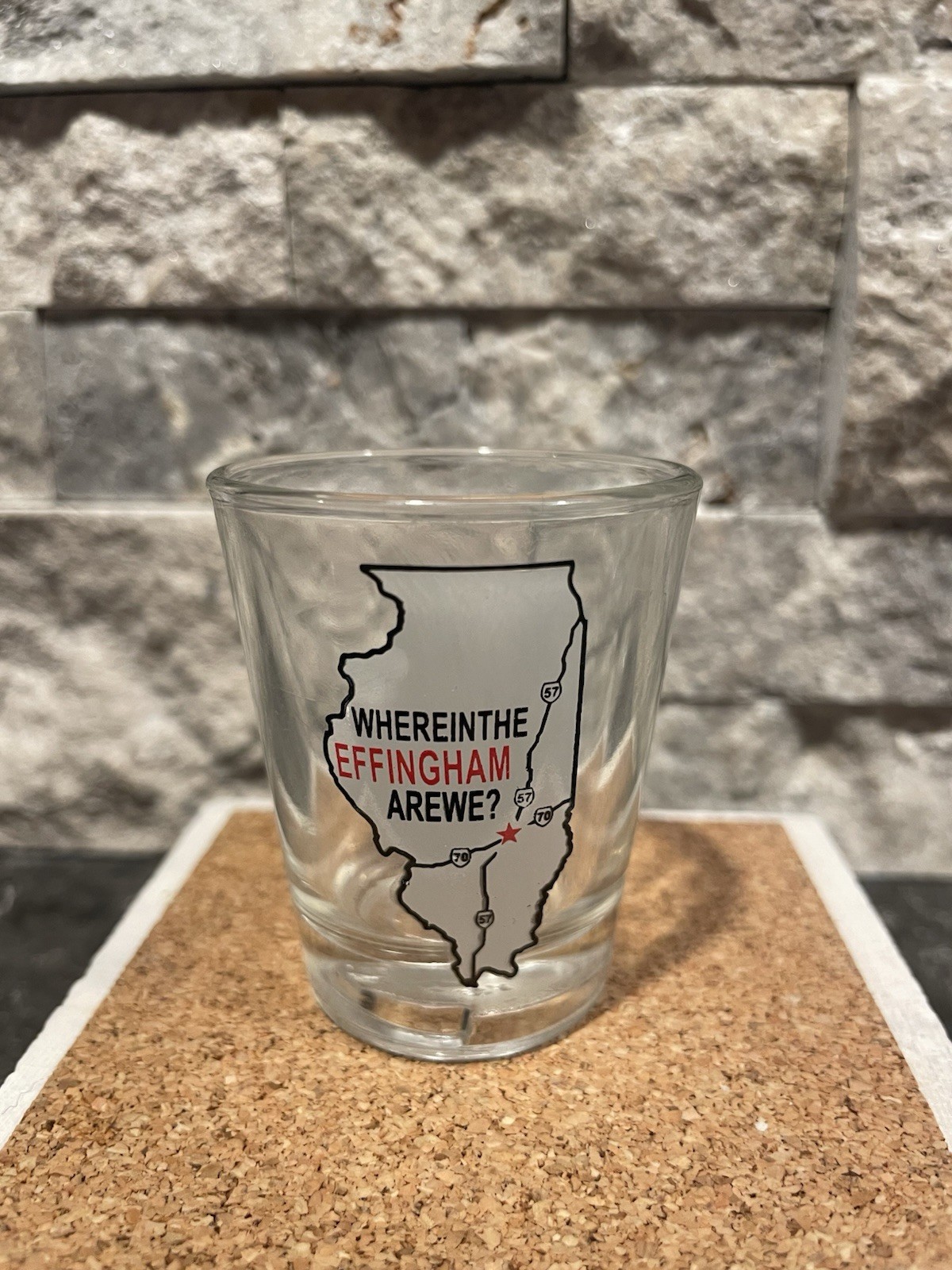 Effingham Illinois Souvenir Shot Glass – “Where in the Effingham Are We?” Design