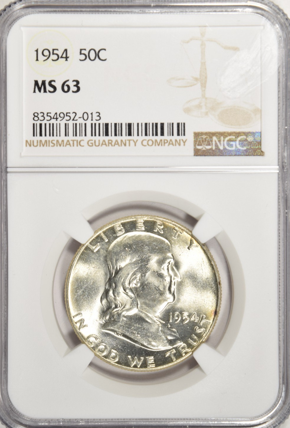 1954 FRANKLIN HALF DOLLAR ~ NGC MS63 ~ BRIGHT WHITE!