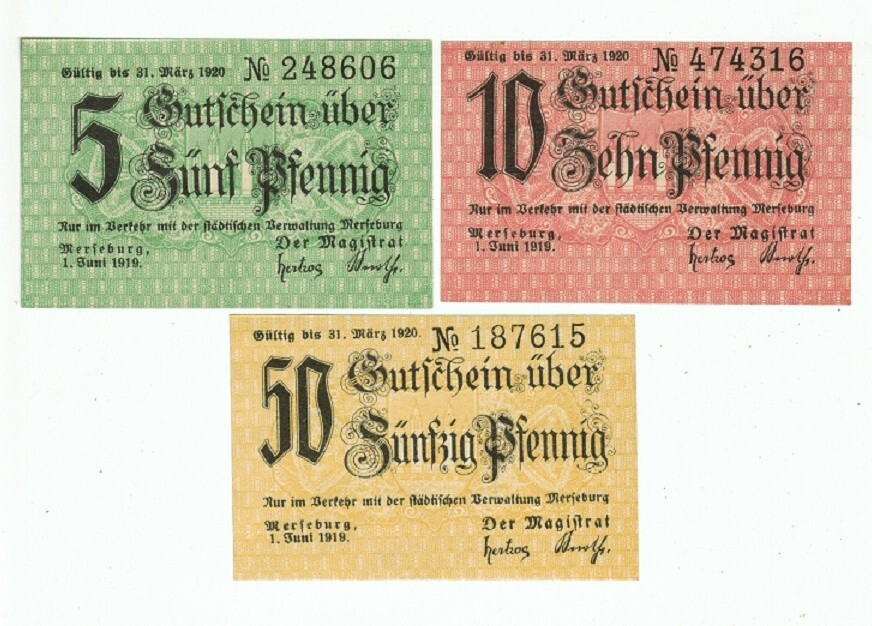 SET OF 3 GERMANY NOTGELD 5.10.50 PFENNIG MERSEBURG 1919 UNC