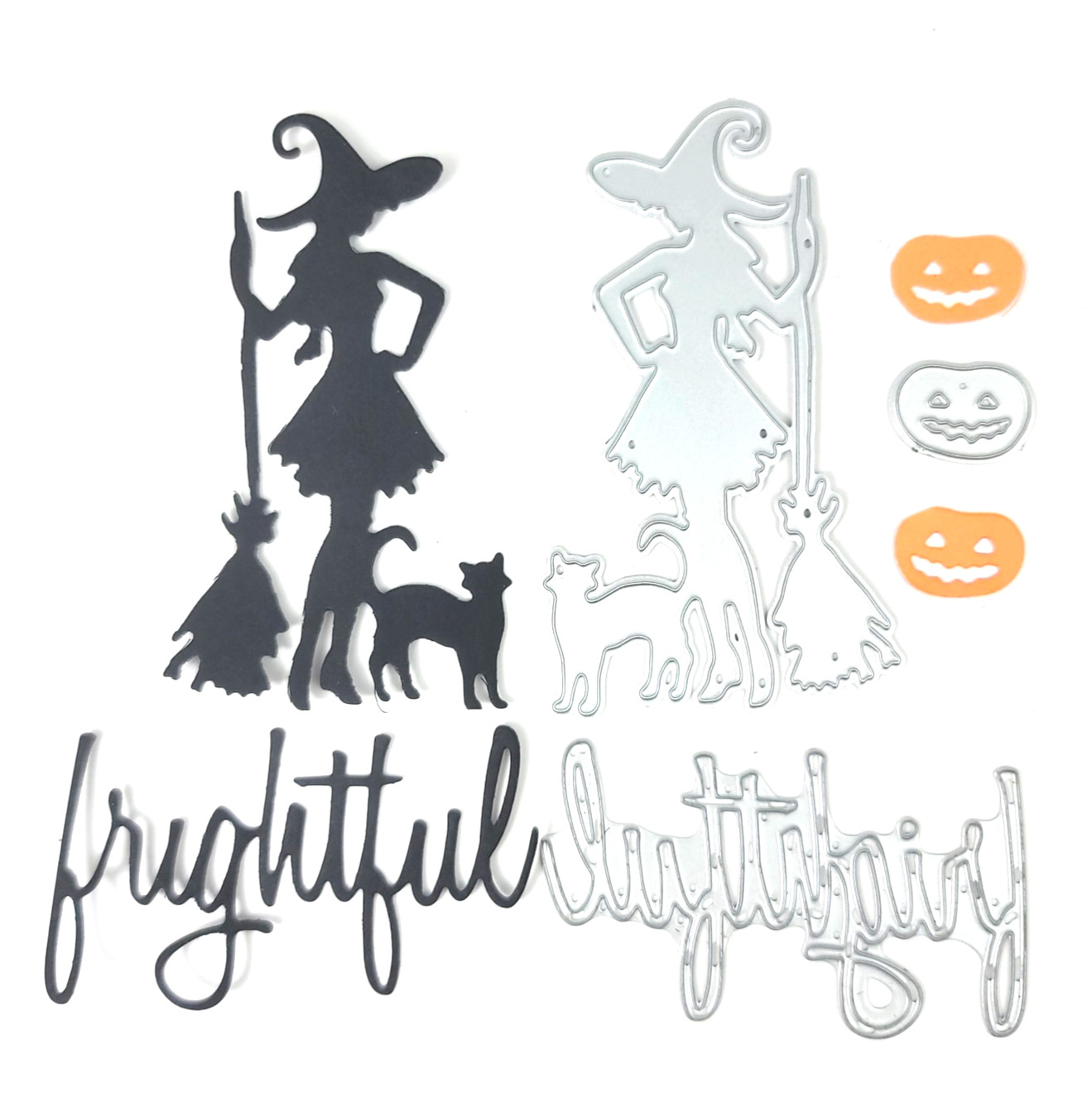 Sizzix Halloween Word Script Frightful & Unbranded Witch Broom Cat Pumpkin Dies