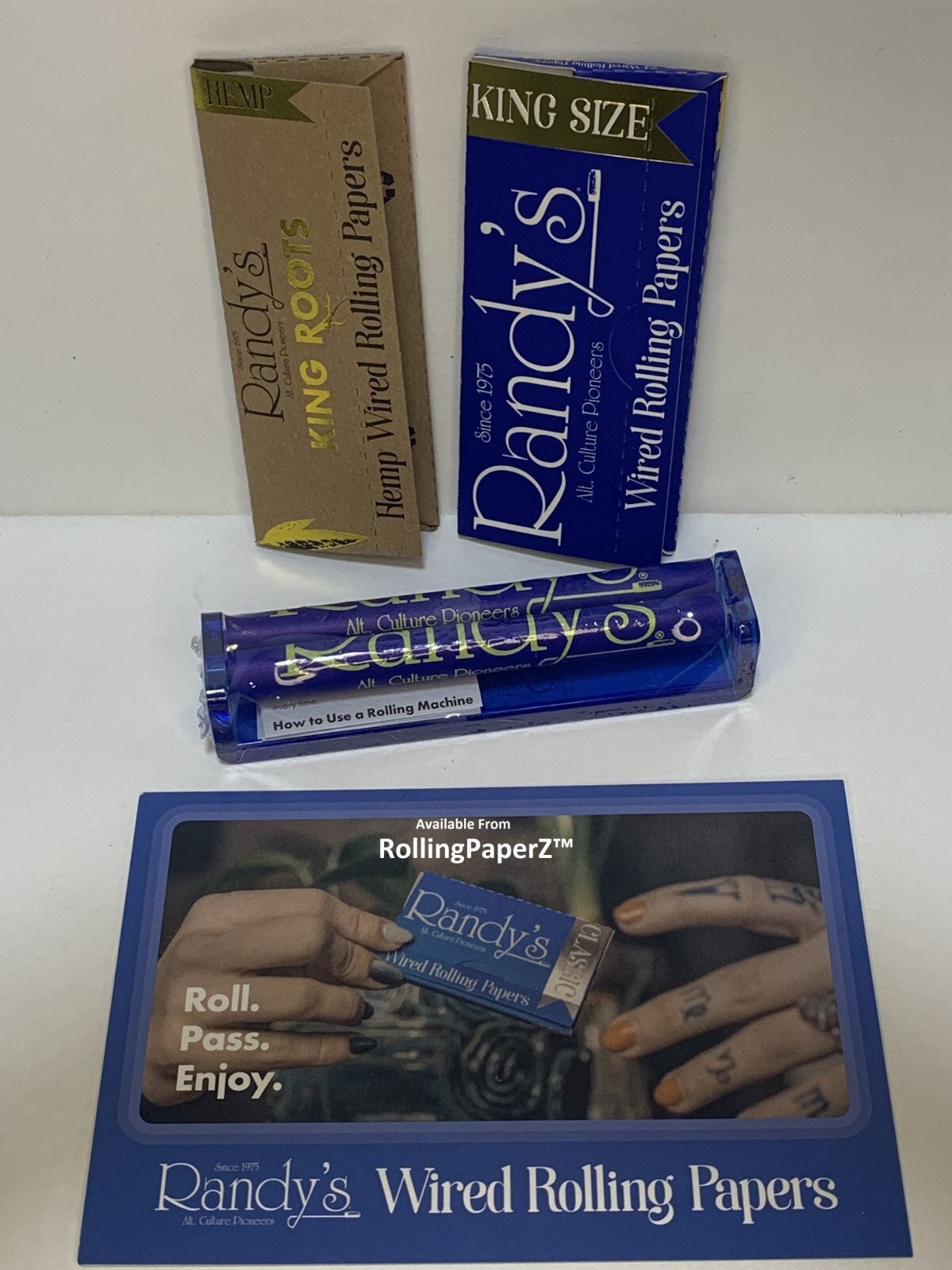 New! RANDY'S 110mm Roller and 2 Packs wired KING SIZE Papers Original and ROOTS