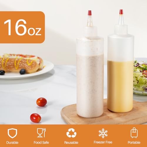 Squeeze Bottles, 16oz Plastic Condiment Squeeze Bottles with Labels & 3
