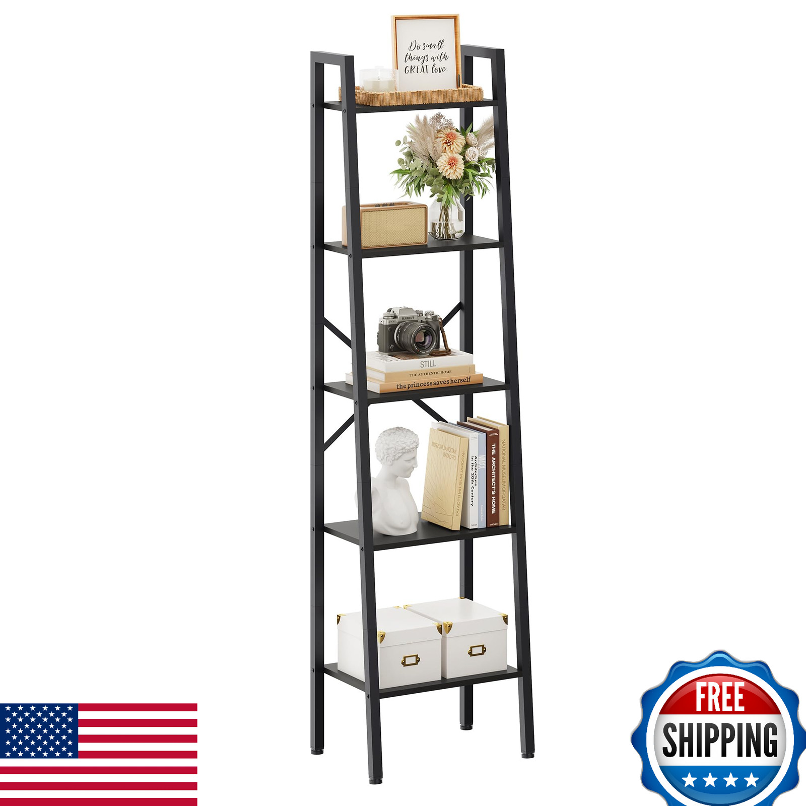 Hoctieon 5-Tier Industrial Ladder Bookshelf, Narrow, Tall Standing Storage Shelf