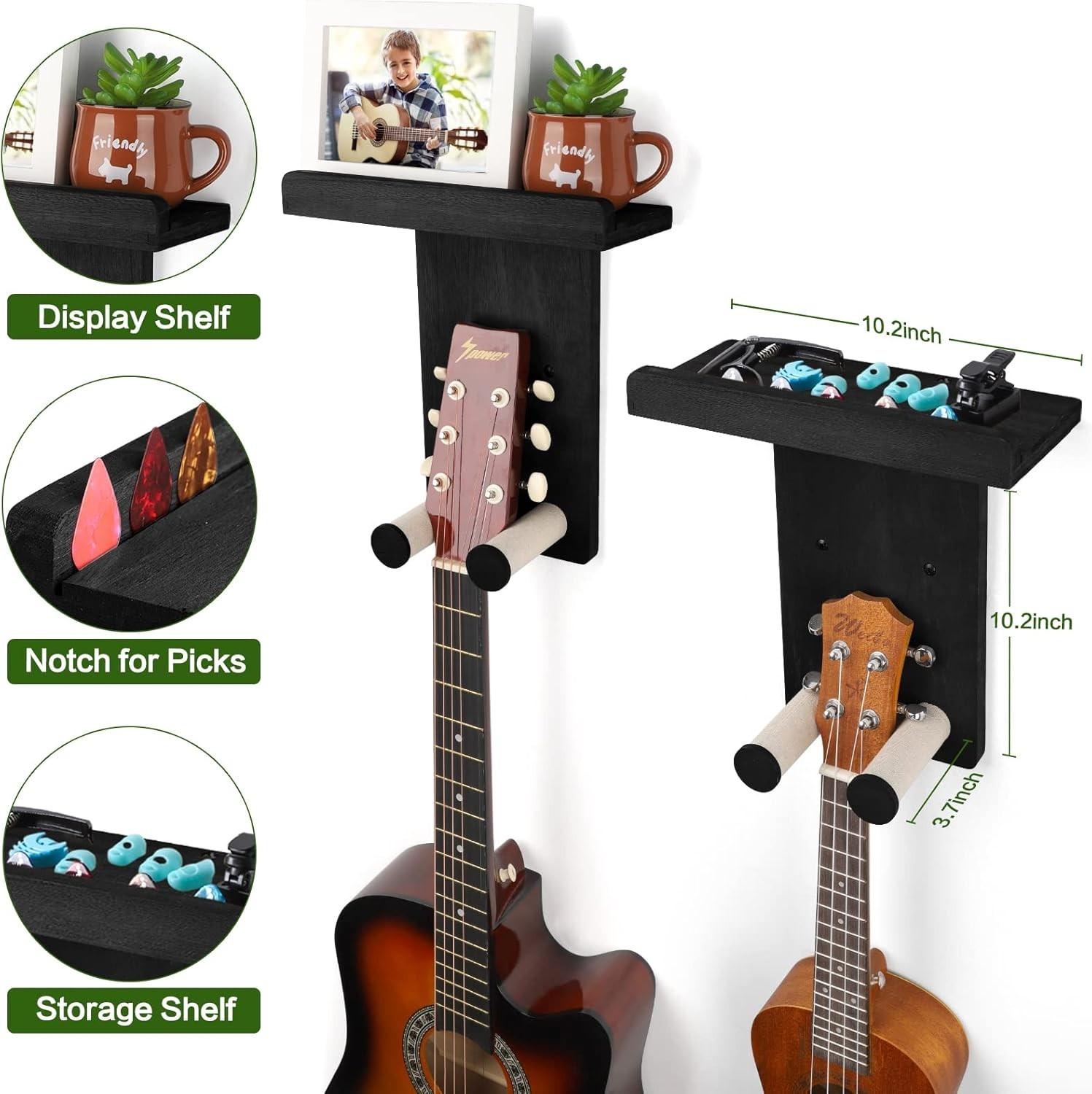 Rustic Wood Guitar Wall Mount 3-Pack - Matte Black