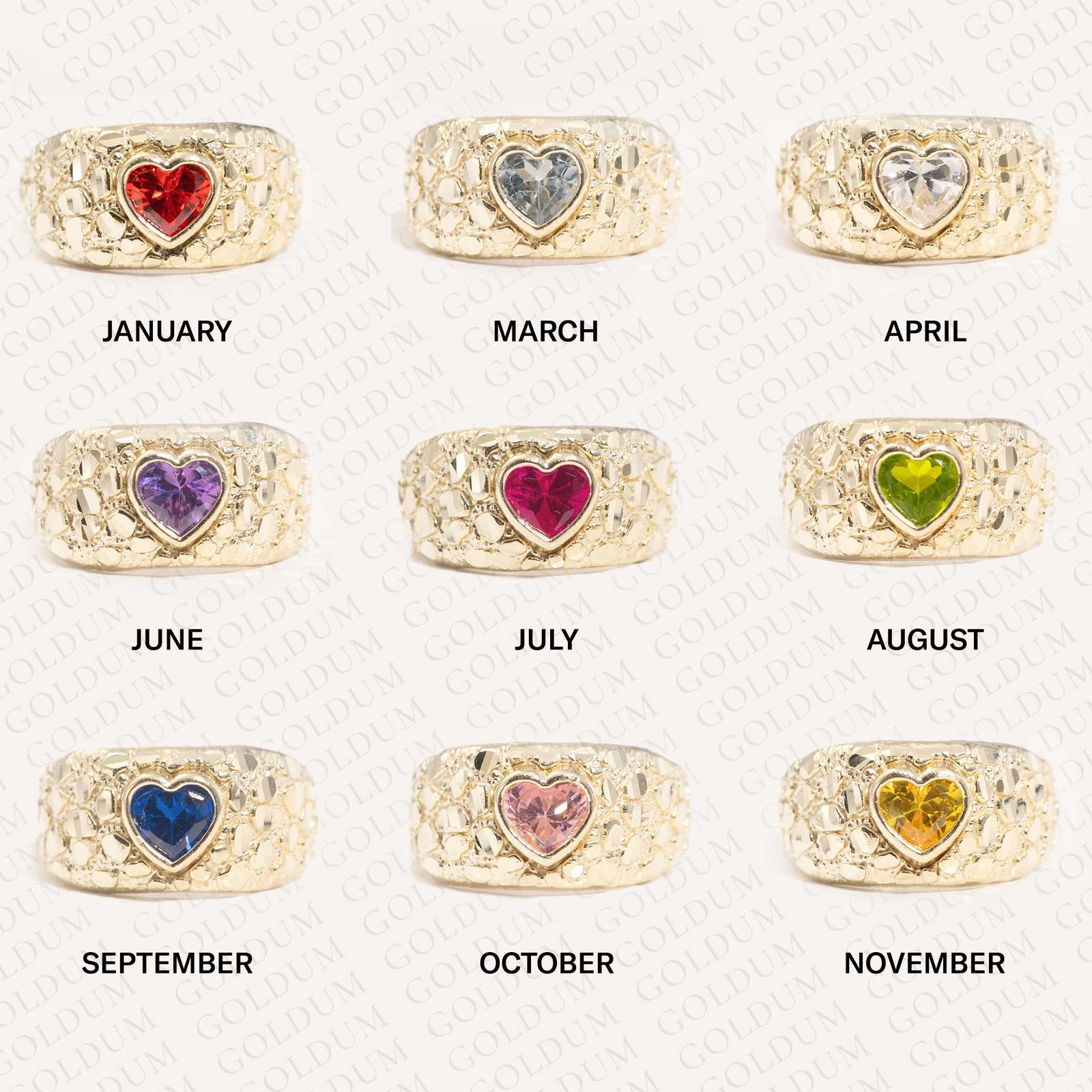 Solid 10K Gold Colorful Heart Nugget Ring Yellow Gold