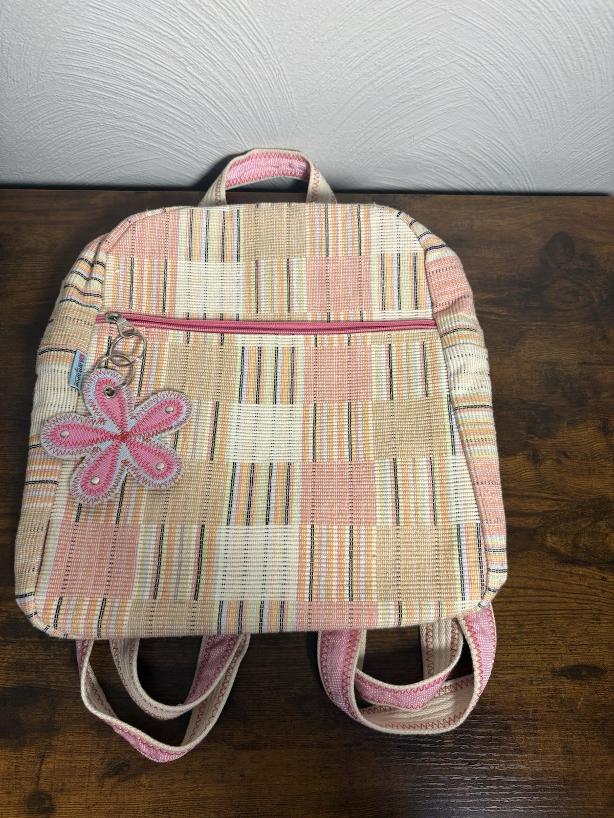 Lankapow Handmade Girls Bookbag Striped Pattern Shades Of Pink & Flower Charm
