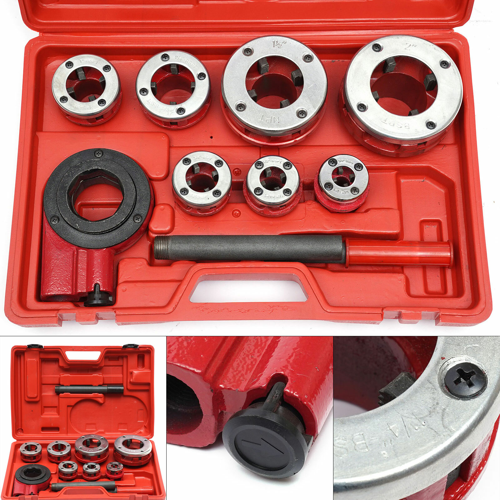 BSPT Pipe Threader 3/8" to 2" Dies Set Threading Tool Ratchet w/ Handle 7-Sizes