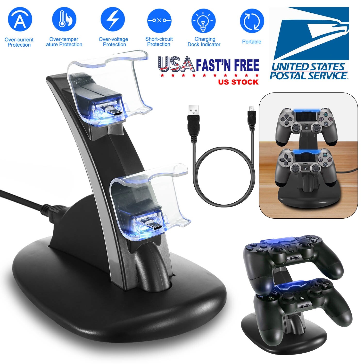 Dual USB Charger LED Station Dock Fast Charging Stand For Sony PS4 Controller