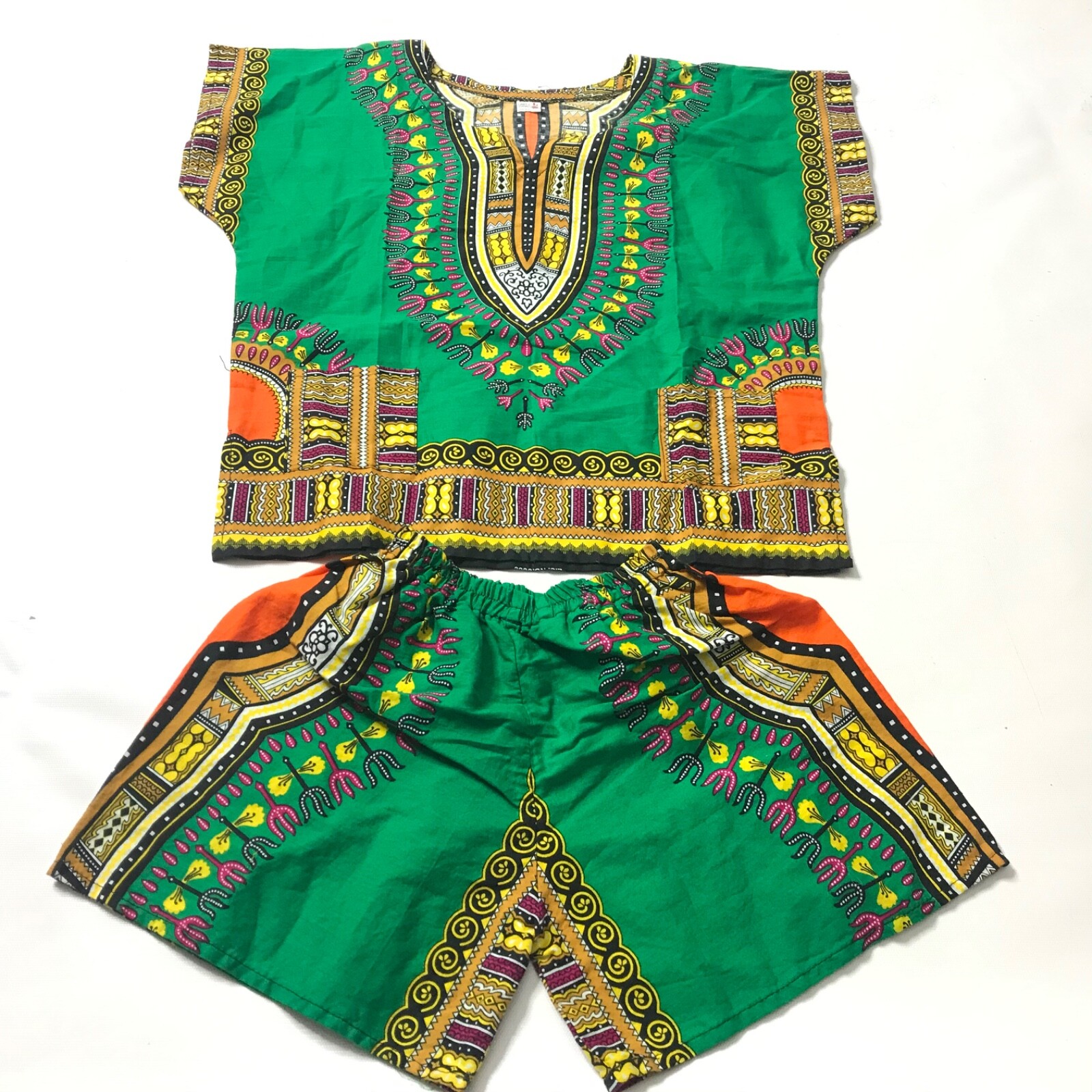 African Boys Girl Green Dashiki Top Shorts Outfit Shirt Ethnic Traditional 4 Yrs