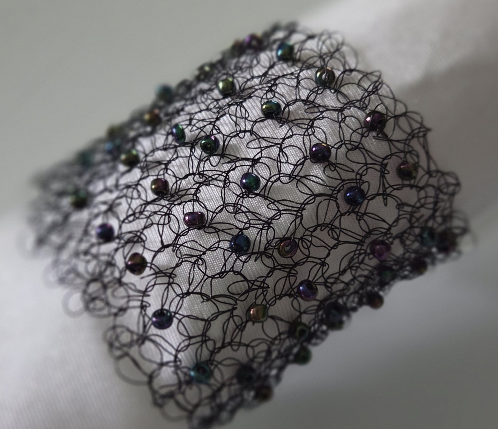 Black Wire Glass Bead Bracelet 3" Wide Lightweight Handmade Jewelry W012