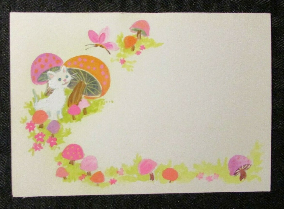 WHITE KITTENS with Butterfly & Mushrooms 5.75x4" Greeting Card Art LOT of 3