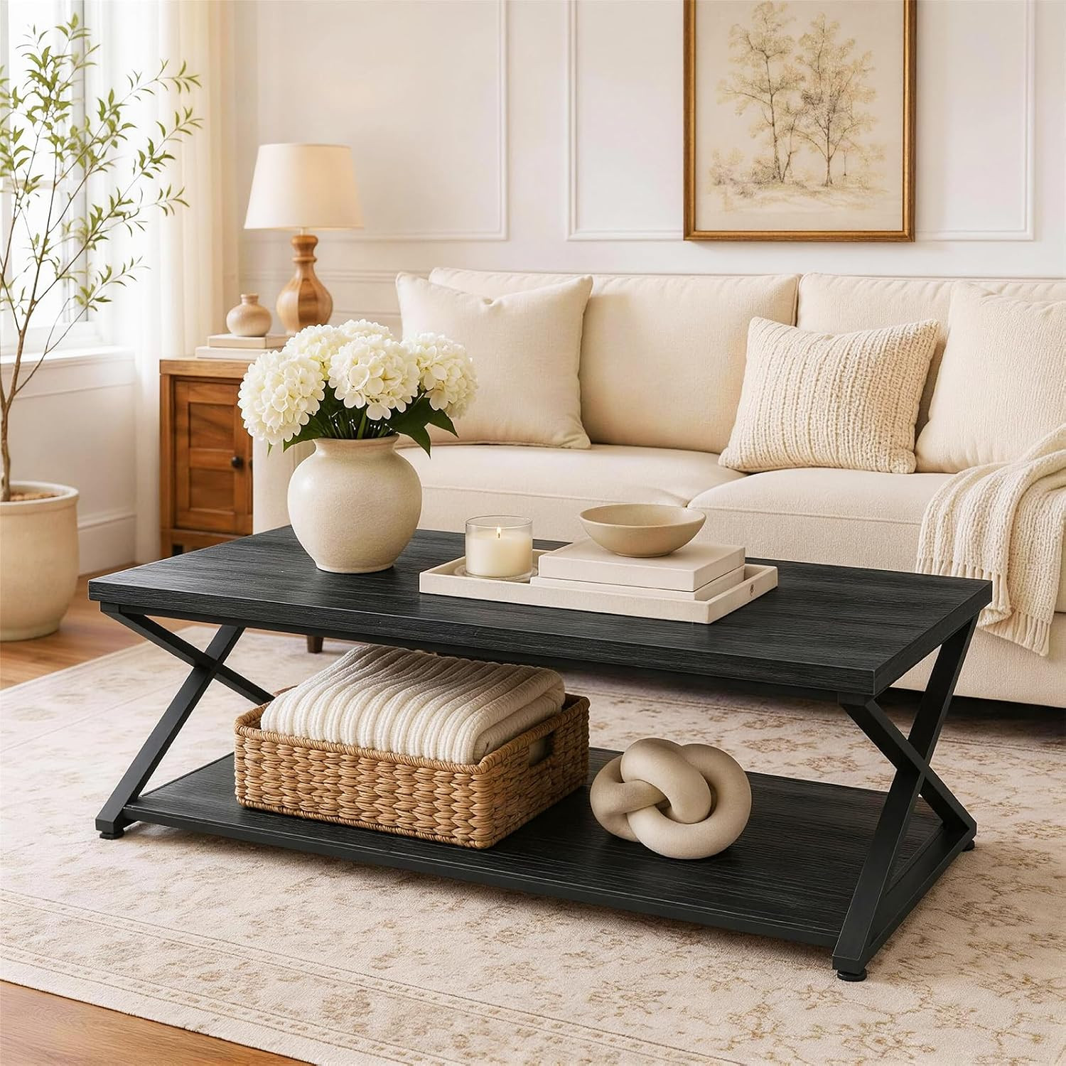 Coffee Table for Living Room, 2 Tier Rectangular Tea Table, Industrial Center Ta
