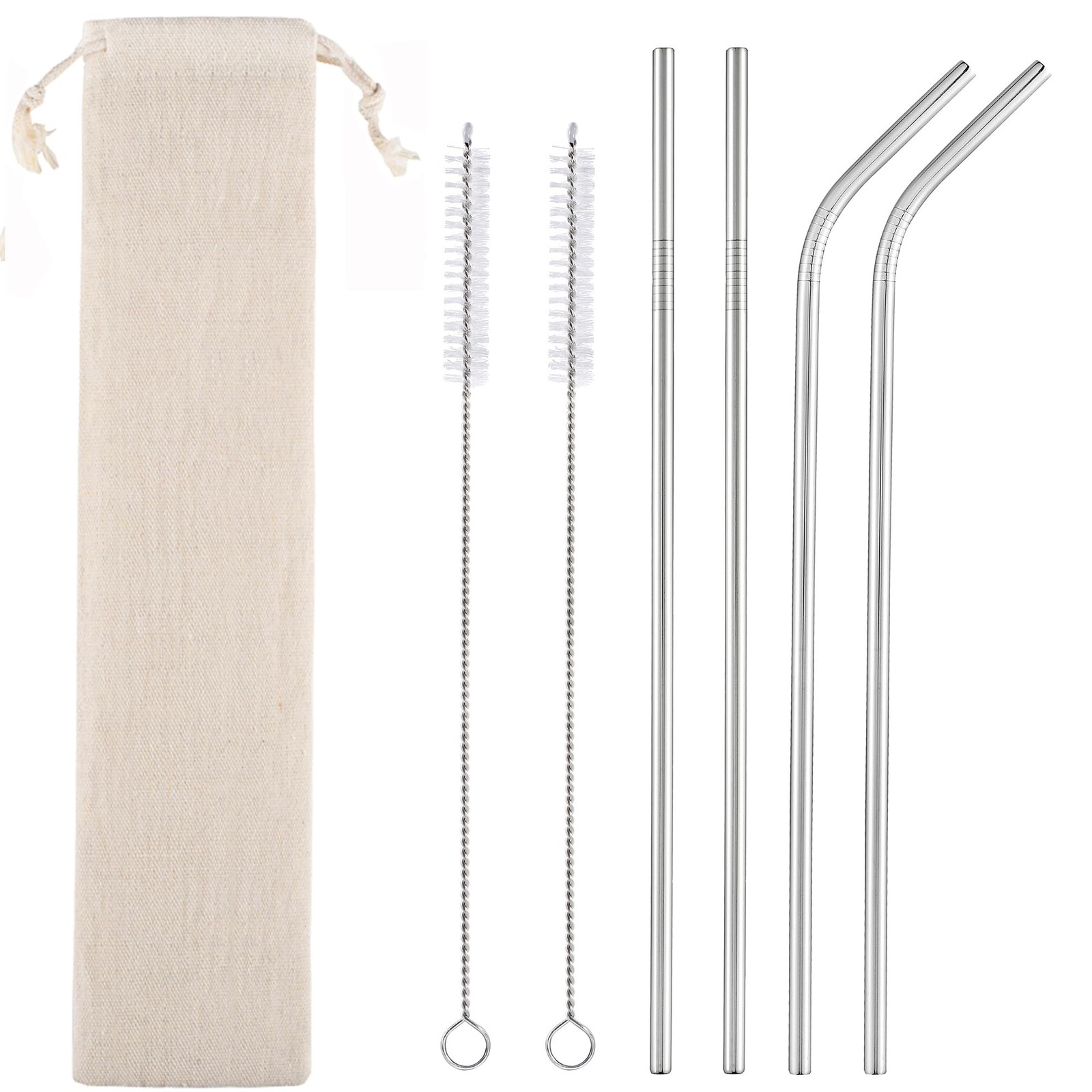 Set of 4 Reusable Metal Straws, 10.5'' Long Stainless Steel Straw with Cleani...