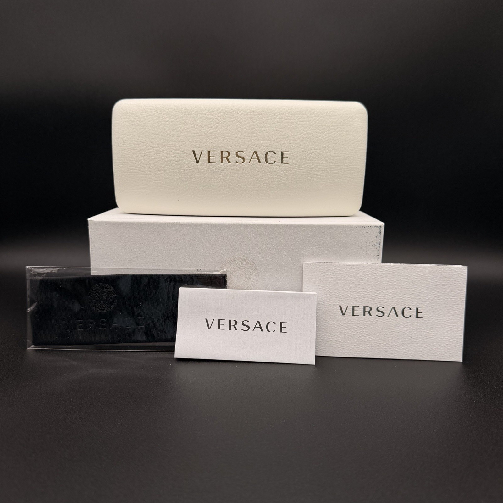 Versace White Leather Sunglasses Case Complete Set Box Cloth Card AUTHENTIC
