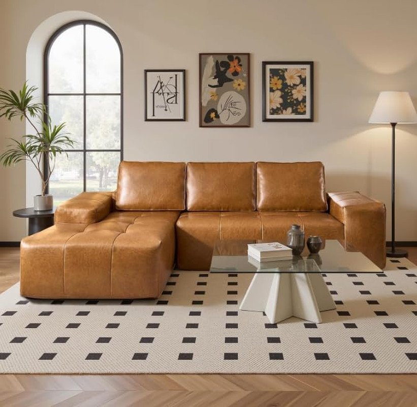 114 Inch Boneless Sofa, 3 Seat Faux Leather Cloud Sectional Couch, Deep Seat L S