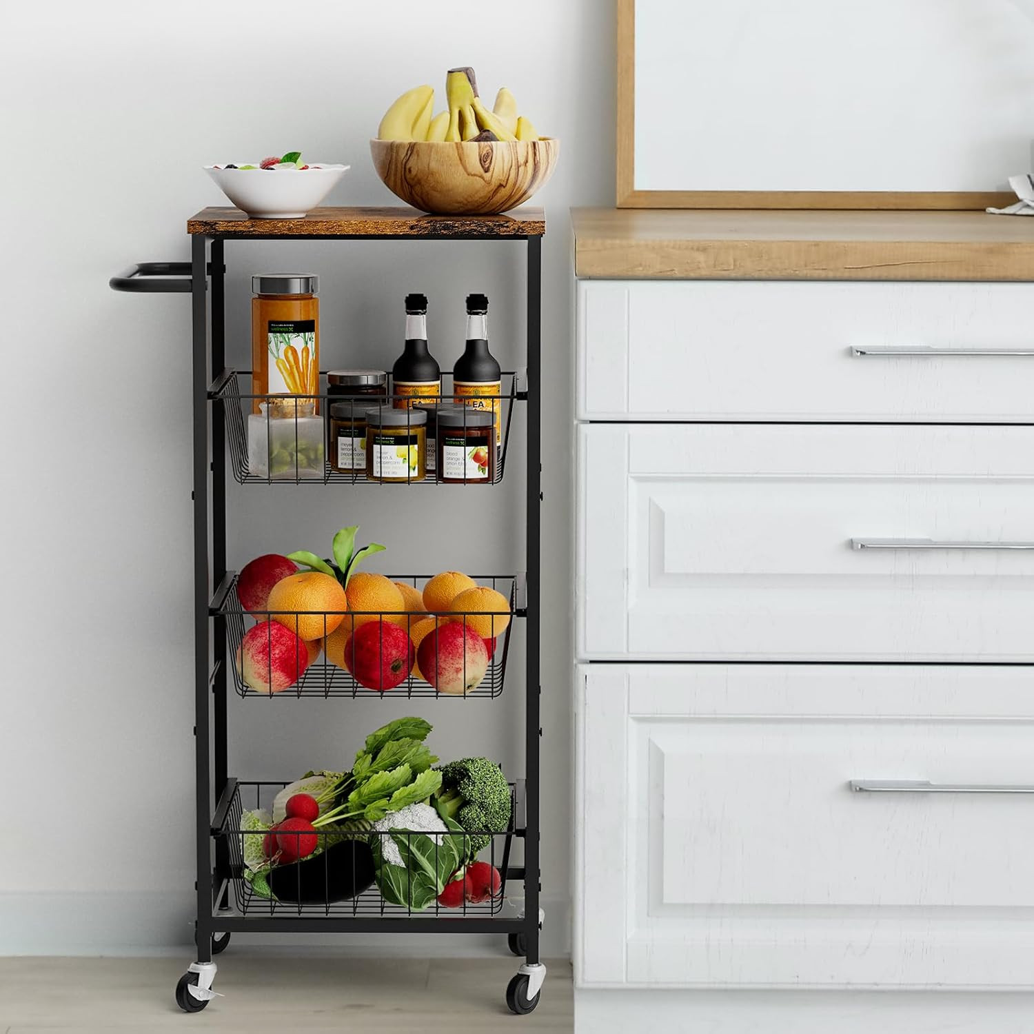 4 Tier Kitchen Storage Cart, Snack Rack Cart with Pull-Out Fruit Baskets, Mobile